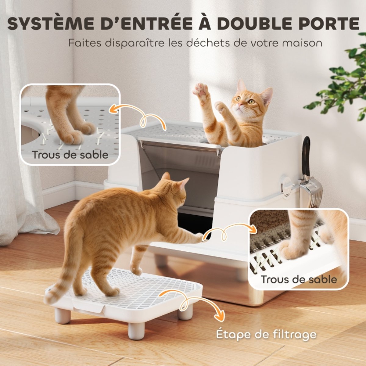 Miniatuur van productfoto 5 van Daity 1 stuk - XL roestvrijstalen kattenbak voor grote katten, 100° draaibaar deksel, schepje, 60,2 x 40,2 x 44,5 cm, lichtgrijs