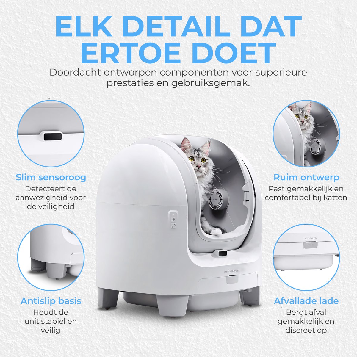 Miniatuur van productfoto 6 van Pet Marvel C1 – Automatische Kattenbak – Zelfreinigende Kattenbak XXL – Grote opening - Geschikt voor grote en meerdere katten – Geurloos - Inclusief App, Afvalzak en Geurverwijderaar