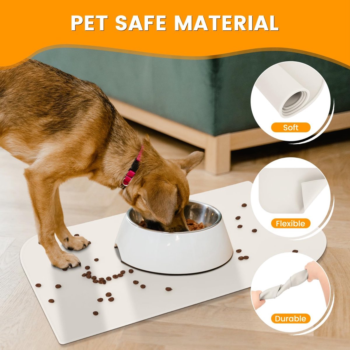 Miniatuur van productfoto 2 van SnelShoppen - Dog Mats voor Honden, Waterdichte Pet Bowl Mat, Kattenbak Mat met Verhoogde Randen, Siliconen Mat voor Huisdieren BPA Vrij (Beige, 48 x