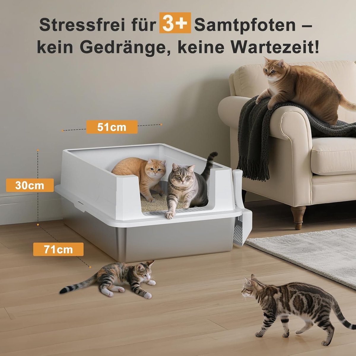 Miniatuur van productfoto 2 van Roestvrijstalen Kattenbak XXXL 71x51x30cm – Extra Grote Kattenbak voor Grote Katten en Meerdere Katten – Hoge Rand Spatvrij