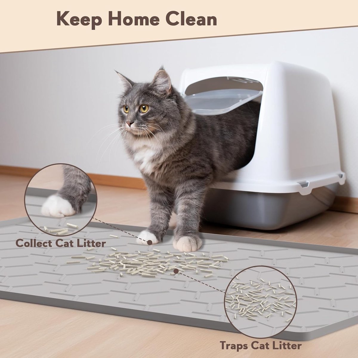 Miniatuur van productfoto 4 van Kattenbak Mat - Groot 34" x 22" - Kattengrind Opvangmat - Waterdichte Siliconen Vloermat - Grijs