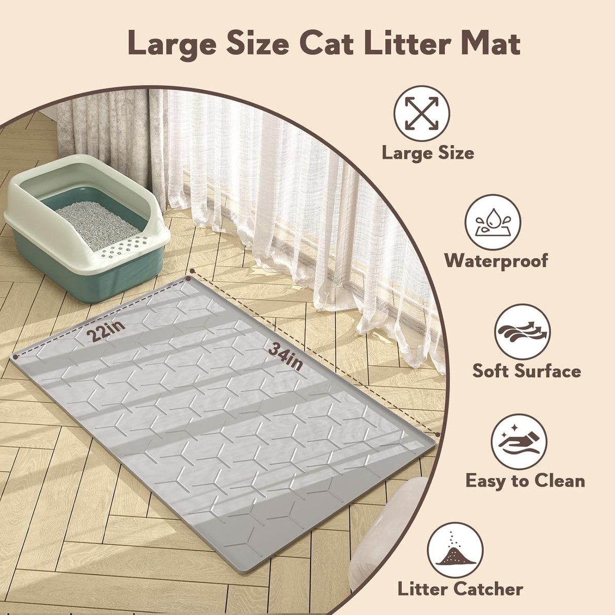Miniatuur van productfoto 5 van Kattenbak Mat - Groot 34" x 22" - Kattengrind Opvangmat - Waterdichte Siliconen Vloermat - Grijs