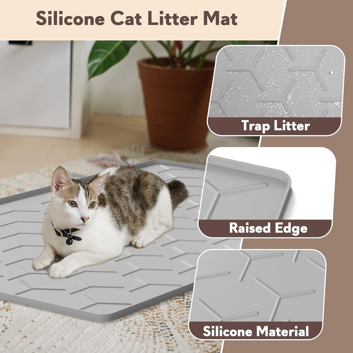 Miniatuur van productfoto 6 van Kattenbak Mat - Groot 34" x 22" - Kattengrind Opvangmat - Waterdichte Siliconen Vloermat - Grijs