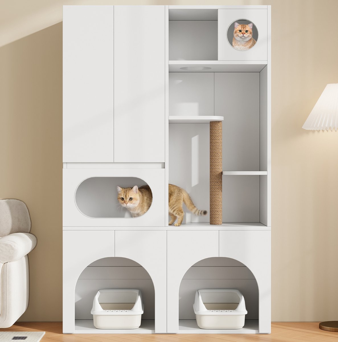 Miniatuur van productfoto 5 van OKWISH Kattenbakcontainer – Voor 2 Kattenbakken – Met Krabpaal En Opbergkast – Voor Katten En Honden – MDF Wit – 140 x 45 x 195 cm