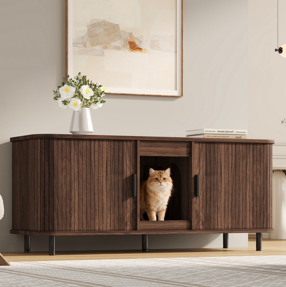 Miniatuur van productfoto 6 van STILVORA Kattenbakcontainer - Kattenbakkast Met Schuifdeuren En Dubbel Opbergvak - Voor Twee Kattenbakken - MDF - 140x50x60 Cm - Walnoot