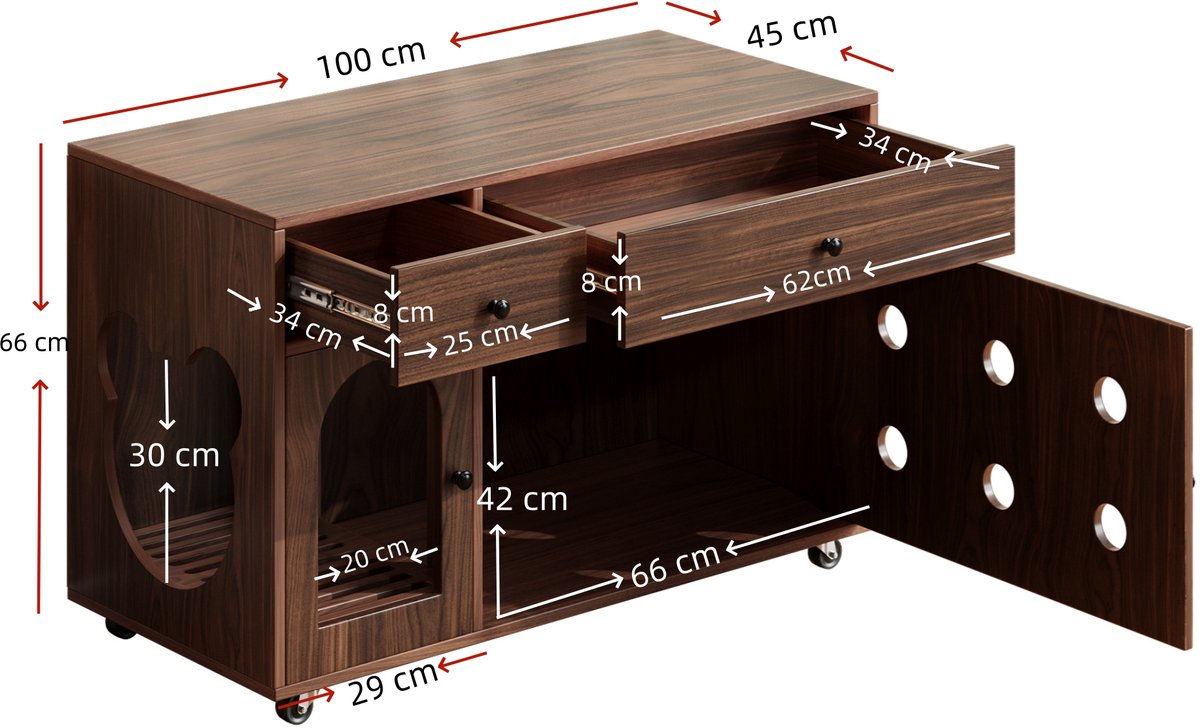 Miniatuur van productfoto 3 van MODENUIT Kattenbakcontainer – 100 x 45 x 66 cm – Walnootkleur – Met Laden, Wieltjes en Ventilatie