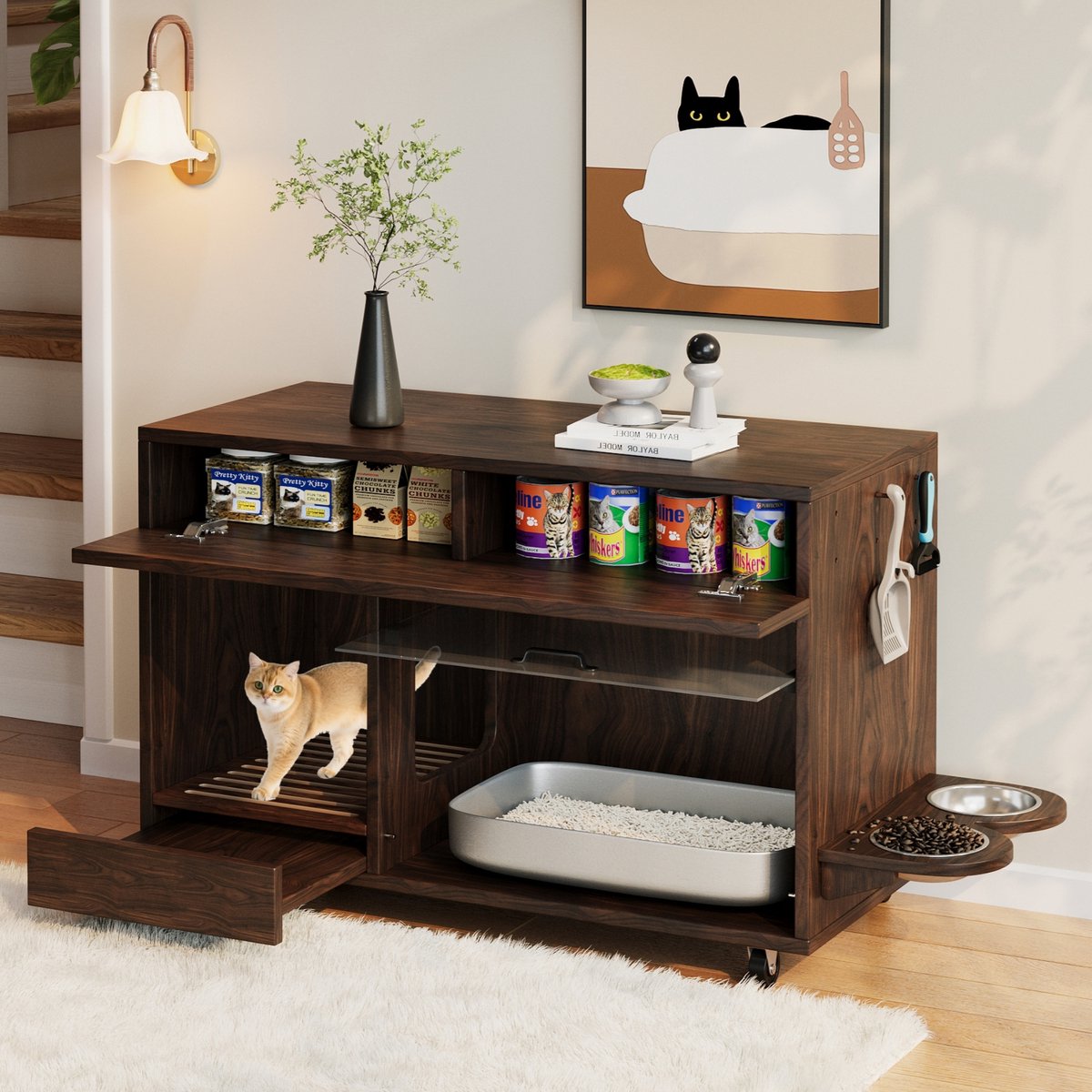 Miniatuur van productfoto 3 van MODENUIT Kattenbakcontainer – 100 x 45,5 x 67 cm – Met Wieltjes en Acryl Deur – MDF – Walnootkleur