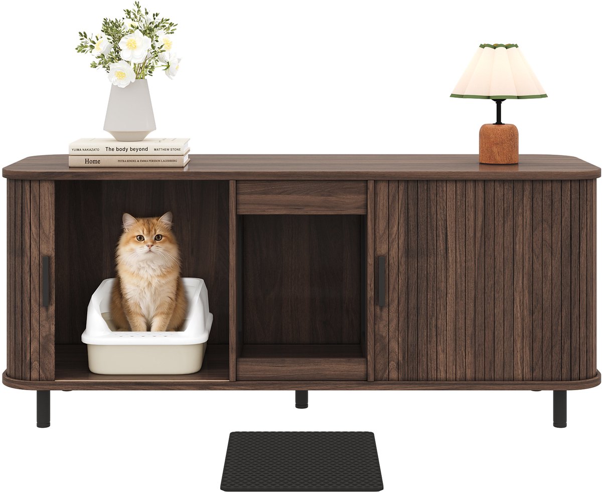 Miniatuur van productfoto 2 van Kattenbakkast – Schuifdeuren – 140 x 50 x 60 cm – MDF – Walnootlook – Voor Twee Kattenbakken