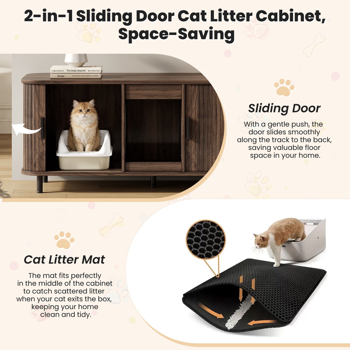 Miniatuur van productfoto 4 van Kattenbakkast – Schuifdeuren – 140 x 50 x 60 cm – MDF – Walnootlook – Voor Twee Kattenbakken