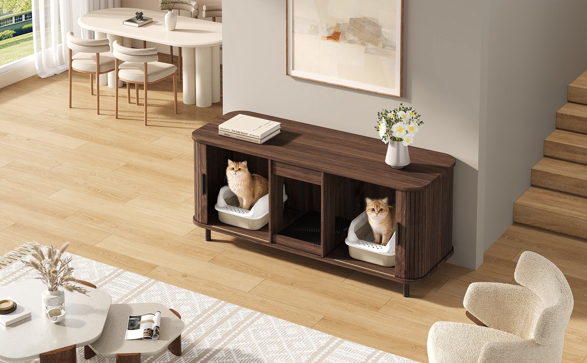 Miniatuur van productfoto 8 van Kattenbakkast – Schuifdeuren – 140 x 50 x 60 cm – MDF – Walnootlook – Voor Twee Kattenbakken