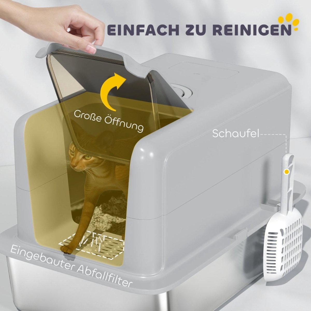 Miniatuur van productfoto 2 van COVREO Kattenbak 60,5 x 40,5 x 41,5 cm – RVS, grijs/zilver, met deksel en filter