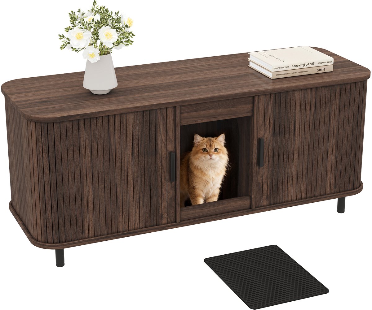 Productfoto 1 van COVREO Kattenbakcontainer 140x50x60 cm - walnootkleur, schuifdeuren, ruimte voor 2 kattenbakken