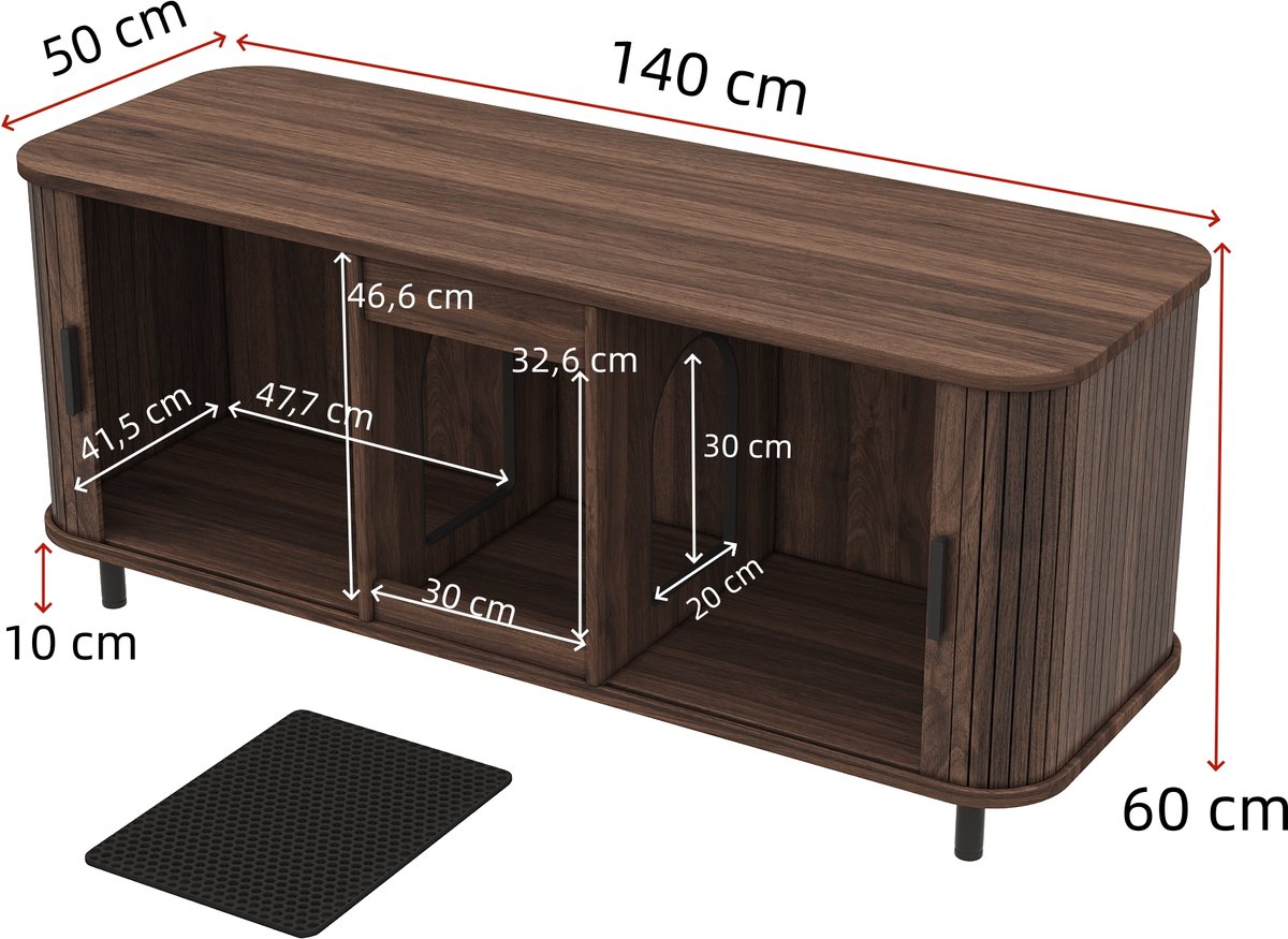 Miniatuur van productfoto 4 van COVREO Kattenbakcontainer 140x50x60 cm - walnootkleur, schuifdeuren, ruimte voor 2 kattenbakken