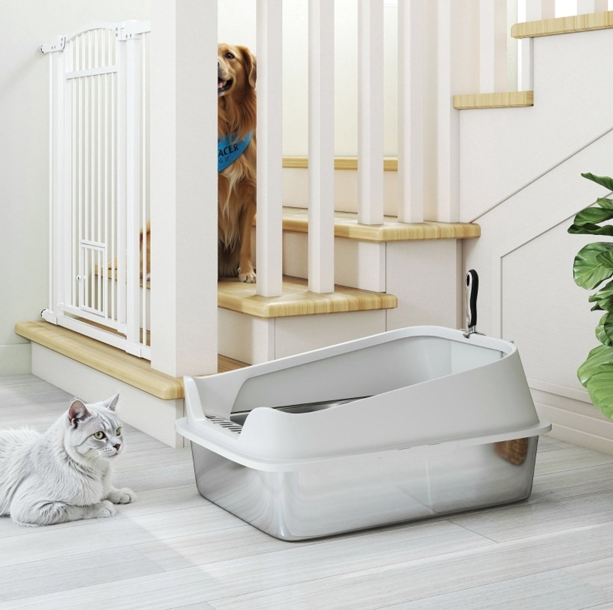 Miniatuur van productfoto 2 van MEUNIQ open kattenbak van roestvrij staal 60,2 x 40,2 x 29,7 cm met hoge rand, ingang met zeefzone en schep, XL kattenbak voor grote katten tot 7 kg, grijs