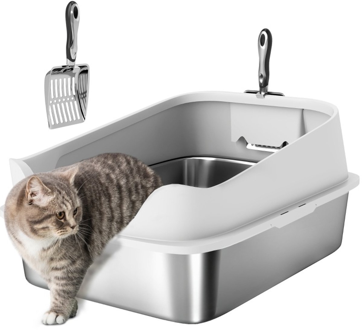 Miniatuur van productfoto 3 van MEUNIQ open kattenbak van roestvrij staal 60,2 x 40,2 x 29,7 cm met hoge rand, ingang met zeefzone en schep, XL kattenbak voor grote katten tot 7 kg, grijs