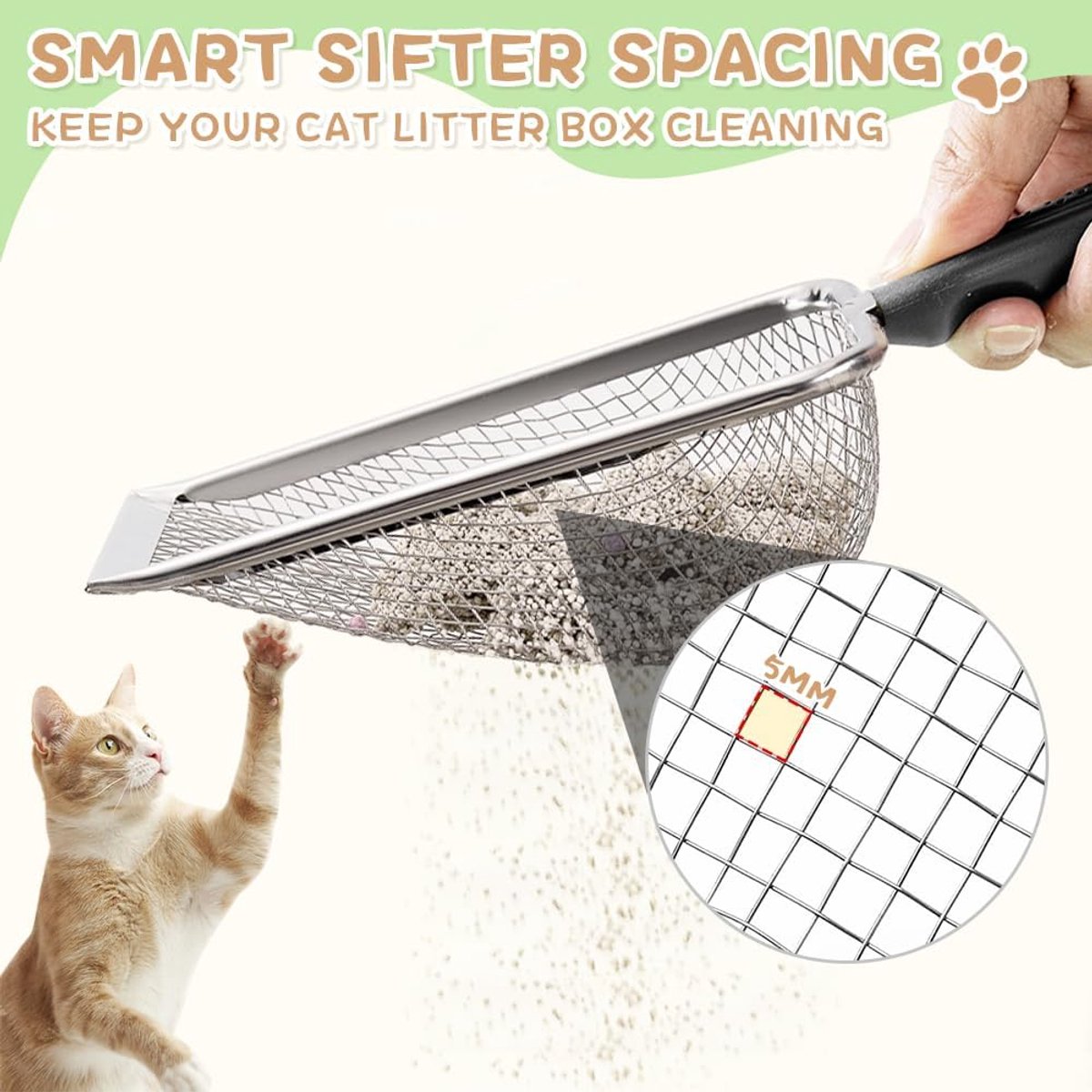 Miniatuur van productfoto 4 van Kattenbak Schep - Kattenbak Schep Metaal - Kattenbak Schep RVS - Kattenbak Schep Fijn - Reinigingsschep - Roestvrij Staal - Voor het Verwijderen van Uitwerpselen - 27 x 13,8 x 5 cm - 5 mm x 5 mm Fijnmazig - Zwarte Antisliphandgreep