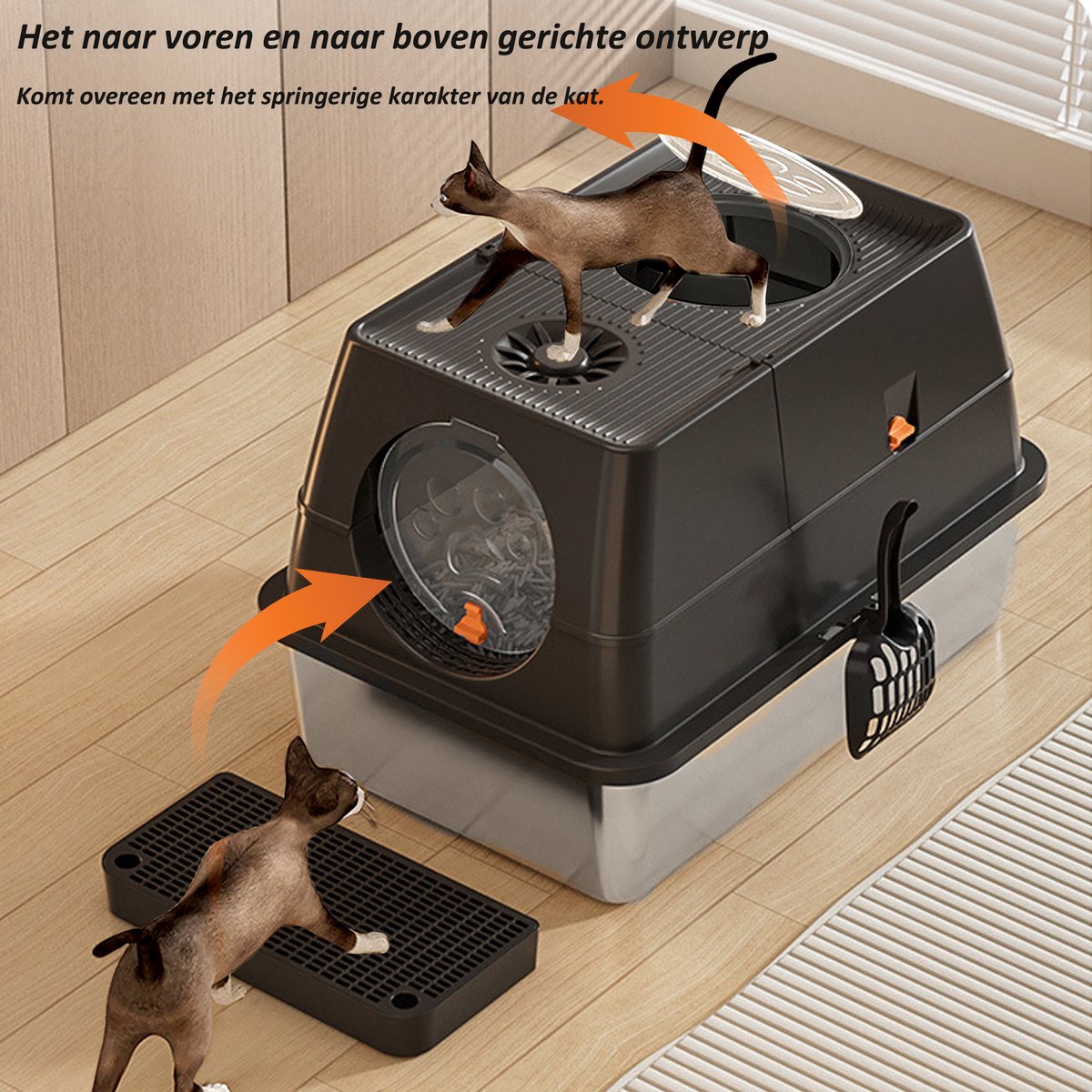 Miniatuur van productfoto 2 van CALIYO XXL Kattenbak van RVS – 40L – 2-in-1 Open Kattenbak met Afneembaar Deksel – Inclusief Geurfilter, Schep & Gritmat – Met Gritopvang & Opstapje – Hygiënisch & Duurzaam – Voor Grote én Kleine Katten - Zwart