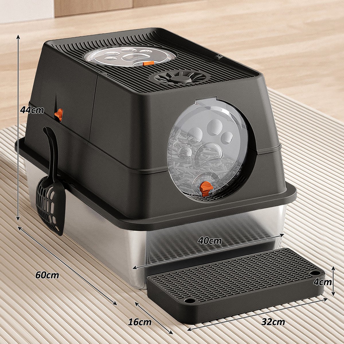 Miniatuur van productfoto 4 van CALIYO XXL Kattenbak van RVS – 40L – 2-in-1 Open Kattenbak met Afneembaar Deksel – Inclusief Geurfilter, Schep & Gritmat – Met Gritopvang & Opstapje – Hygiënisch & Duurzaam – Voor Grote én Kleine Katten - Zwart