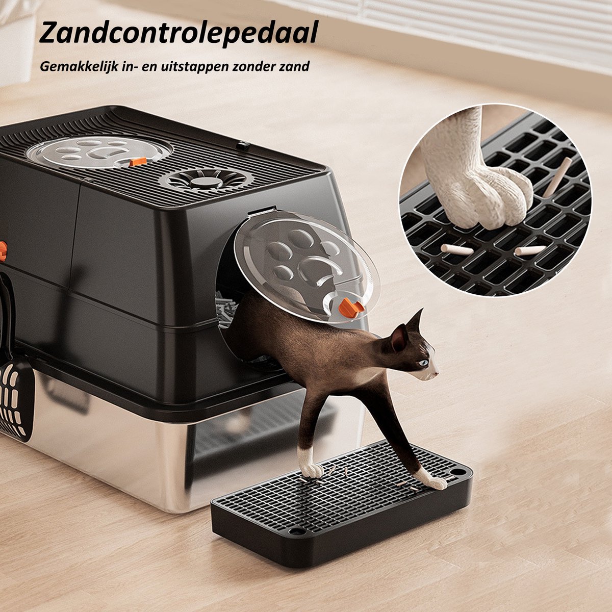 Miniatuur van productfoto 5 van CALIYO XXL Kattenbak van RVS – 40L – 2-in-1 Open Kattenbak met Afneembaar Deksel – Inclusief Geurfilter, Schep & Gritmat – Met Gritopvang & Opstapje – Hygiënisch & Duurzaam – Voor Grote én Kleine Katten - Zwart
