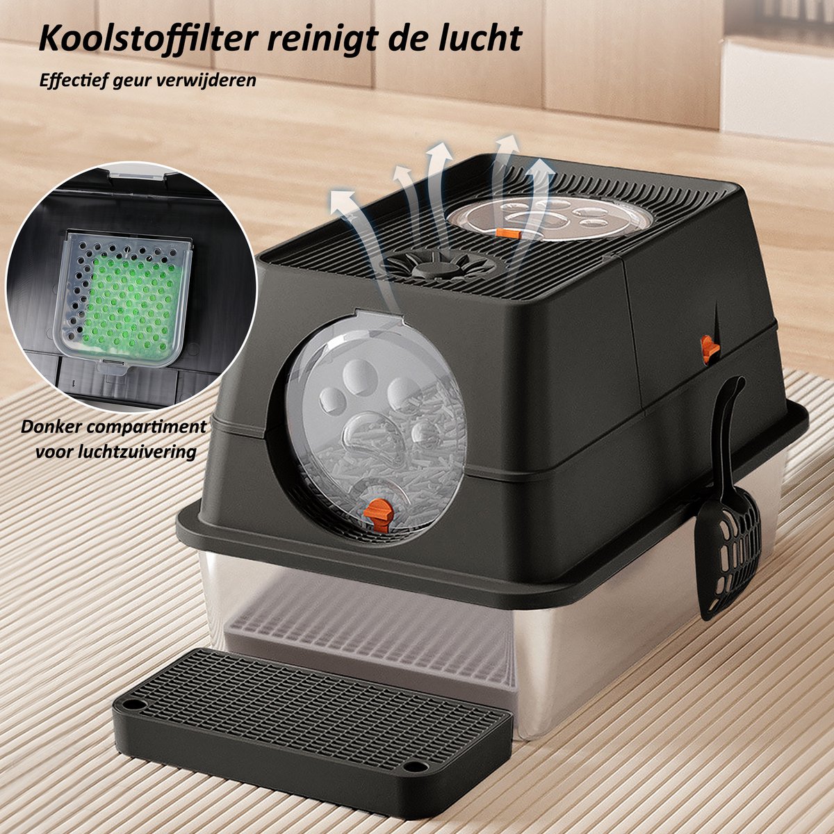 Miniatuur van productfoto 6 van CALIYO XXL Kattenbak van RVS – 40L – 2-in-1 Open Kattenbak met Afneembaar Deksel – Inclusief Geurfilter, Schep & Gritmat – Met Gritopvang & Opstapje – Hygiënisch & Duurzaam – Voor Grote én Kleine Katten - Zwart