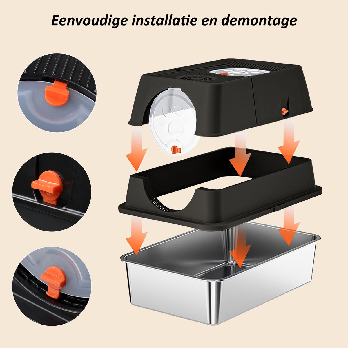 Miniatuur van productfoto 7 van CALIYO XXL Kattenbak van RVS – 40L – 2-in-1 Open Kattenbak met Afneembaar Deksel – Inclusief Geurfilter, Schep & Gritmat – Met Gritopvang & Opstapje – Hygiënisch & Duurzaam – Voor Grote én Kleine Katten - Zwart