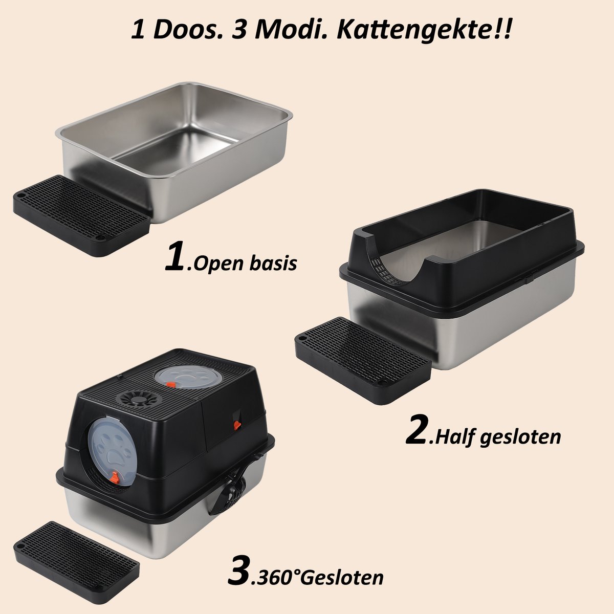 Miniatuur van productfoto 8 van CALIYO XXL Kattenbak van RVS – 40L – 2-in-1 Open Kattenbak met Afneembaar Deksel – Inclusief Geurfilter, Schep & Gritmat – Met Gritopvang & Opstapje – Hygiënisch & Duurzaam – Voor Grote én Kleine Katten - Zwart