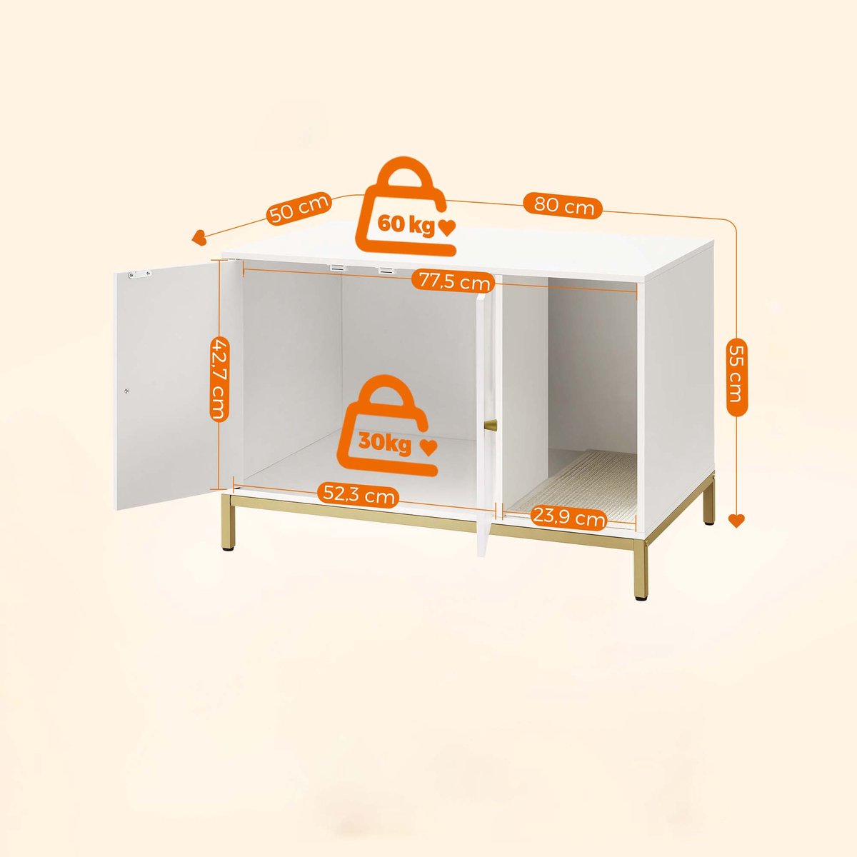 Miniatuur van productfoto 3 van Kattenbak omheining meubel Multifunctionele verborgen kattenbak kast Met krabmat Makkelijk te monteren Hoge poten Gemakkelijk schoon te maken Stevig houten frame Geschikt voor woonkamer en slaapkamer 80x50x55cm Wit+Goud