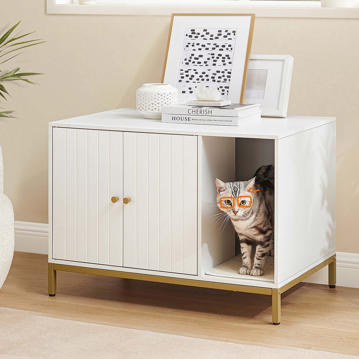 Miniatuur van productfoto 5 van Kattenbak omheining meubel Multifunctionele verborgen kattenbak kast Met krabmat Makkelijk te monteren Hoge poten Gemakkelijk schoon te maken Stevig houten frame Geschikt voor woonkamer en slaapkamer 80x50x55cm Wit+Goud