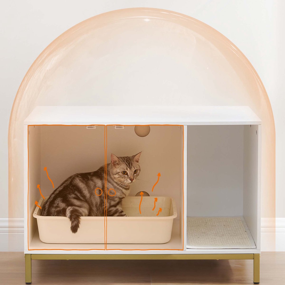 Miniatuur van productfoto 6 van Kattenbak omheining meubel Multifunctionele verborgen kattenbak kast Met krabmat Makkelijk te monteren Hoge poten Gemakkelijk schoon te maken Stevig houten frame Geschikt voor woonkamer en slaapkamer 80x50x55cm Wit+Goud