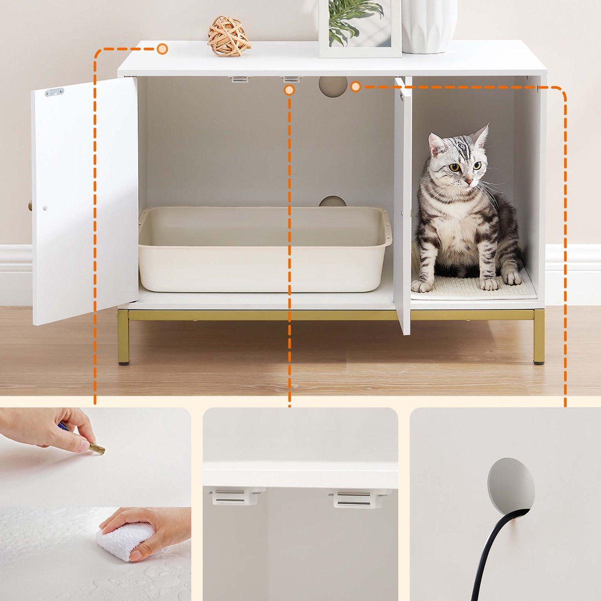Miniatuur van productfoto 7 van Kattenbak omheining meubel Multifunctionele verborgen kattenbak kast Met krabmat Makkelijk te monteren Hoge poten Gemakkelijk schoon te maken Stevig houten frame Geschikt voor woonkamer en slaapkamer 80x50x55cm Wit+Goud