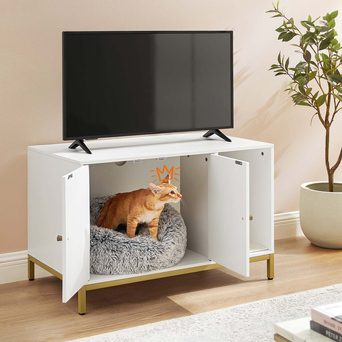 Miniatuur van productfoto 5 van Modern kattenbak meubel Multifunctionele verborgen kattenbak kast 80x50x55cm Wit+Goud Hoge poten ontwerp Gemakkelijk schoon te maken Met krabmat Makkelijk te monteren Stevig houten frame Geschikt voor woonkamer en slaapkamer