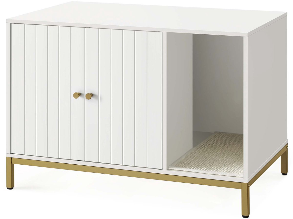Miniatuur van productfoto 7 van Modern kattenbak meubel Multifunctionele verborgen kattenbak kast 80x50x55cm Wit+Goud Hoge poten ontwerp Gemakkelijk schoon te maken Met krabmat Makkelijk te monteren Stevig houten frame Geschikt voor woonkamer en slaapkamer
