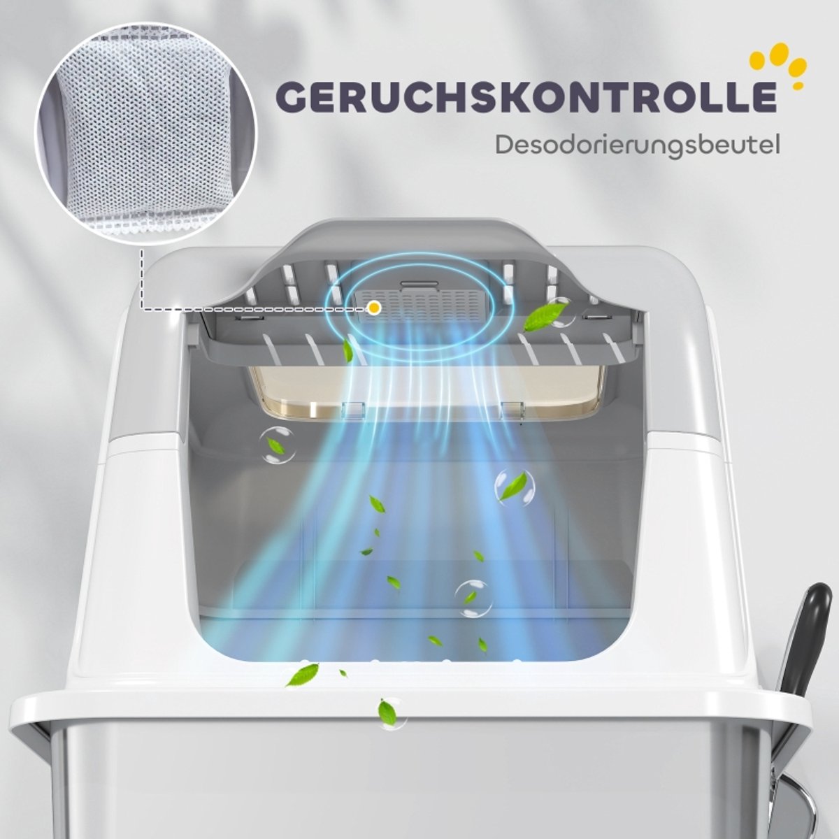 Miniatuur van productfoto 3 van Kattenbak - Kattentoilet - Kattenbak met deksel - 60,40 x 60,40 x 41,8 cm - Inclusief schepje - Dubbele inlaat - Gemaakt van roestvrij staal - Gemakkelijk schoon te maken - Draagvermogen tot 15 kg - Geschikt voor katten - Wit