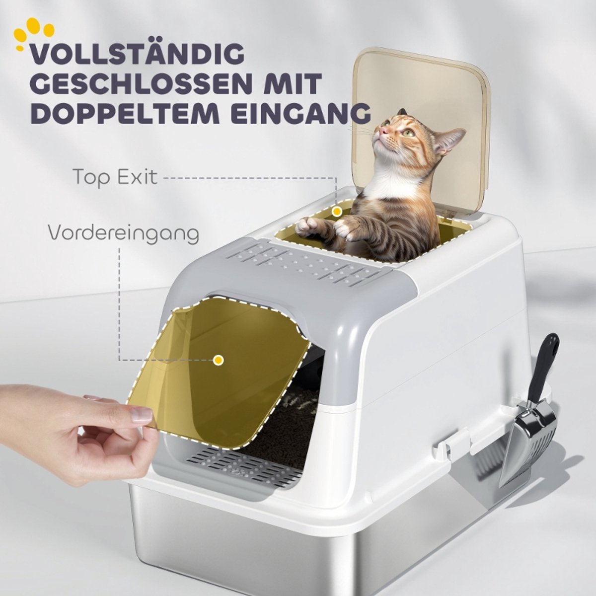 Miniatuur van productfoto 4 van Kattenbak - Kattentoilet - Kattenbak met deksel - 60,40 x 60,40 x 41,8 cm - Inclusief schepje - Dubbele inlaat - Gemaakt van roestvrij staal - Gemakkelijk schoon te maken - Draagvermogen tot 15 kg - Geschikt voor katten - Wit