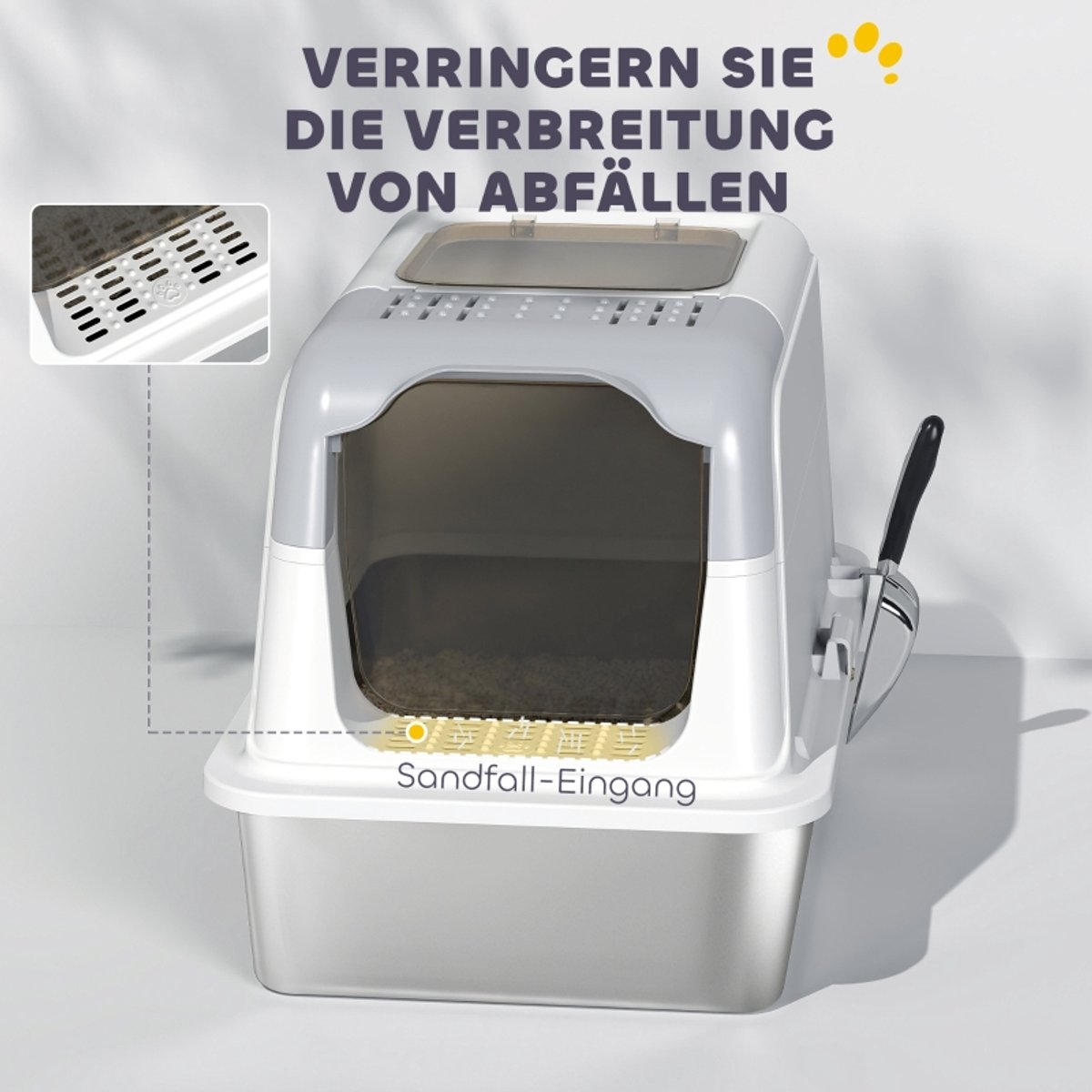 Miniatuur van productfoto 5 van Kattenbak - Kattentoilet - Kattenbak met deksel - 60,40 x 60,40 x 41,8 cm - Inclusief schepje - Dubbele inlaat - Gemaakt van roestvrij staal - Gemakkelijk schoon te maken - Draagvermogen tot 15 kg - Geschikt voor katten - Wit