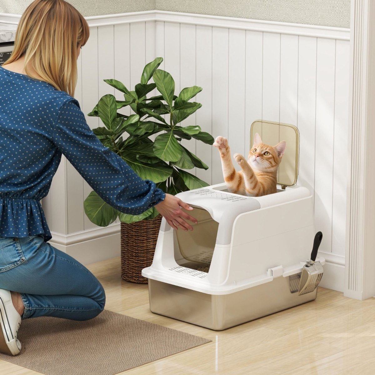 Miniatuur van productfoto 7 van Kattenbak - Kattentoilet - Kattenbak met deksel - 60,40 x 60,40 x 41,8 cm - Inclusief schepje - Dubbele inlaat - Gemaakt van roestvrij staal - Gemakkelijk schoon te maken - Draagvermogen tot 15 kg - Geschikt voor katten - Wit