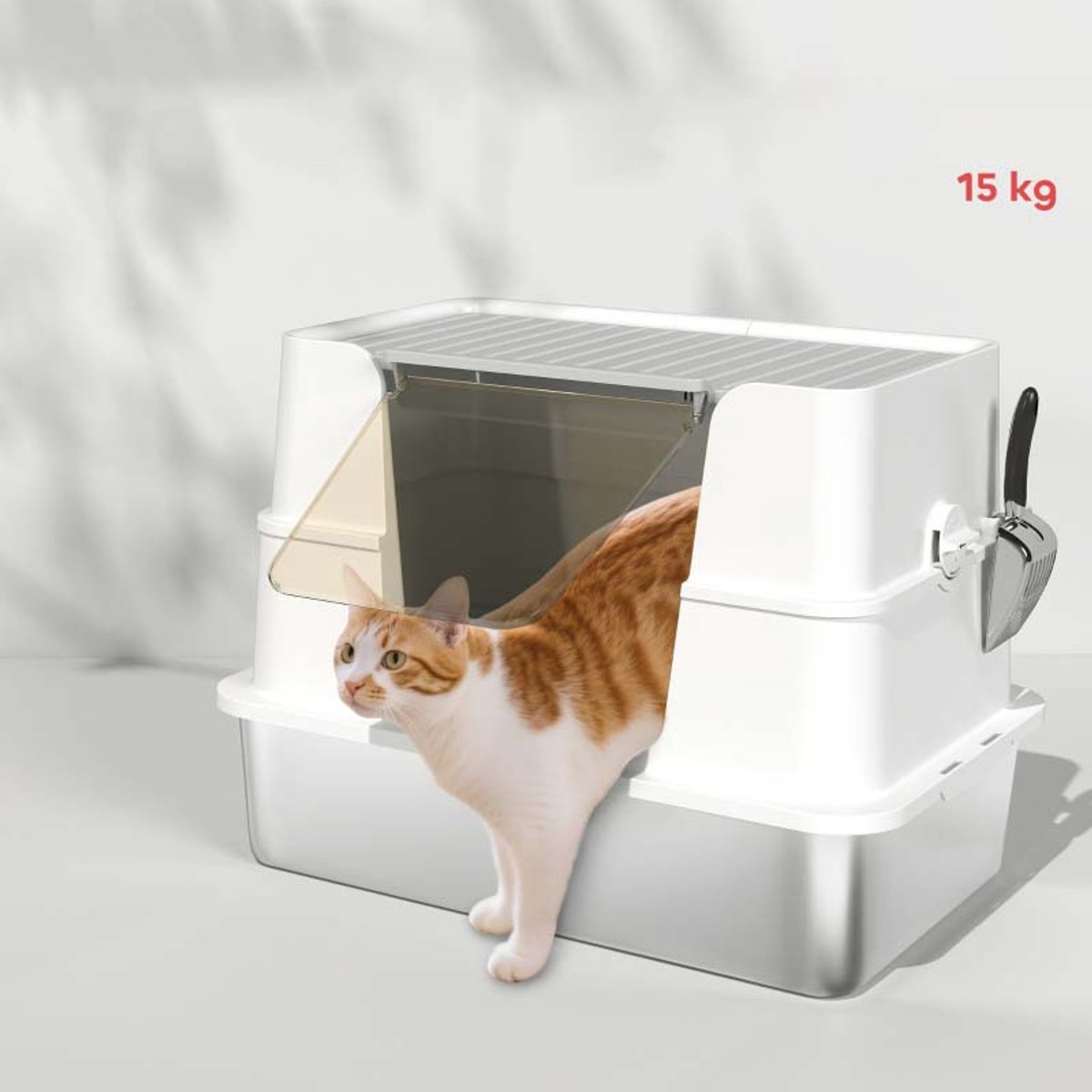 Miniatuur van productfoto 2 van Kattenbak roestvrij staal stevig en duurzaam eenvoudig te reinigen grote capaciteit dubbele opening structuur vermindert geur en kattenbakvulling morsen modulair ontwerp geschikt voor katten tot 15 kg 60,2×40,2×44,5cm grijs