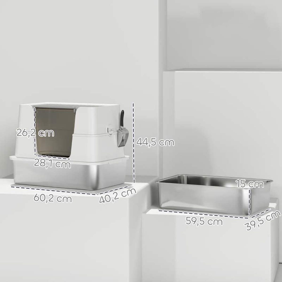 Miniatuur van productfoto 3 van Kattenbak roestvrij staal stevig en duurzaam eenvoudig te reinigen grote capaciteit dubbele opening structuur vermindert geur en kattenbakvulling morsen modulair ontwerp geschikt voor katten tot 15 kg 60,2×40,2×44,5cm grijs