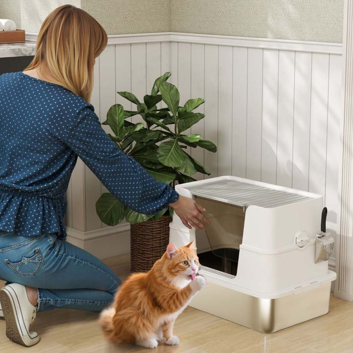 Miniatuur van productfoto 4 van Kattenbak roestvrij staal stevig en duurzaam eenvoudig te reinigen grote capaciteit dubbele opening structuur vermindert geur en kattenbakvulling morsen modulair ontwerp geschikt voor katten tot 15 kg 60,2×40,2×44,5cm grijs