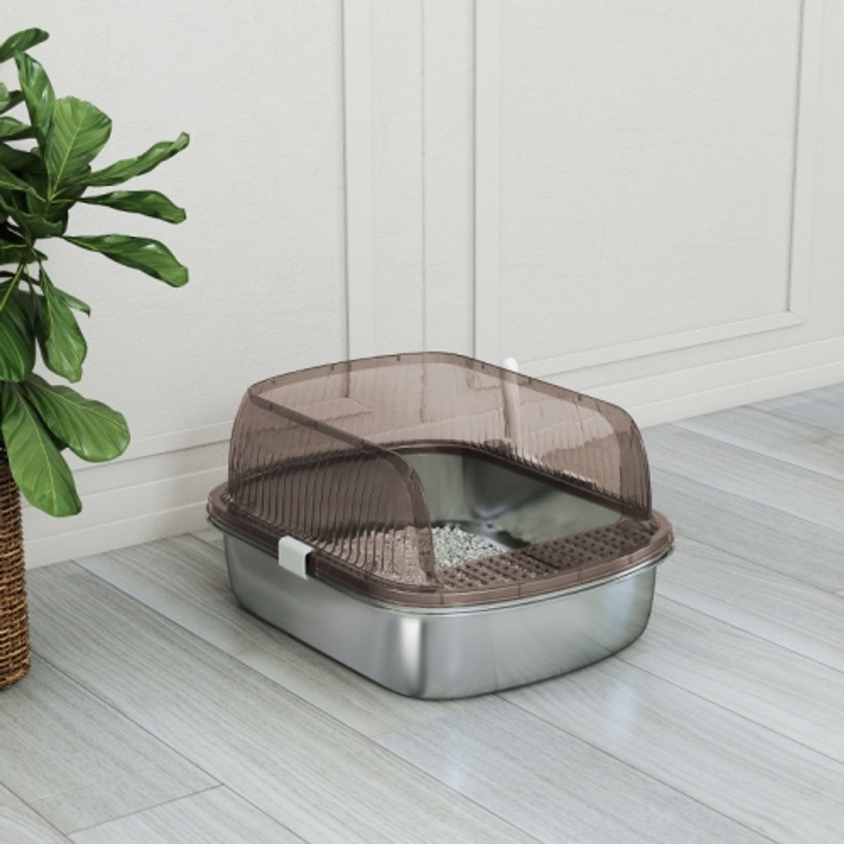 Miniatuur van productfoto 3 van Kattenbak van RVS met Hoge Rand – Kattenklo met Schep voor Grote Katten tot 15 kg Antracietgrijs 53 x 42 x 27 cm