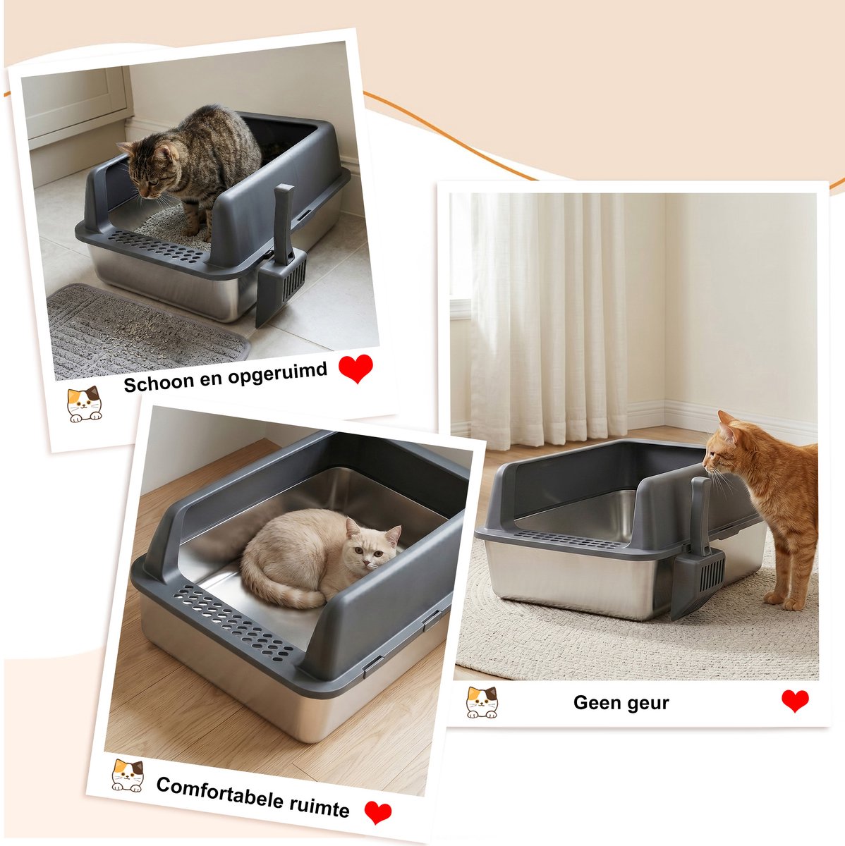 Miniatuur van productfoto 3 van DAITORE Kattenbak RVS - XXL - 58 × 37 × 26cm - Open Kattentoilet met hoge rand - Incl. Kattenbakschep -Geurvrij & Lekvrij - Gemakkelijk schoon te maken - Voor Grote én Kleine Katten - Donkergrijs