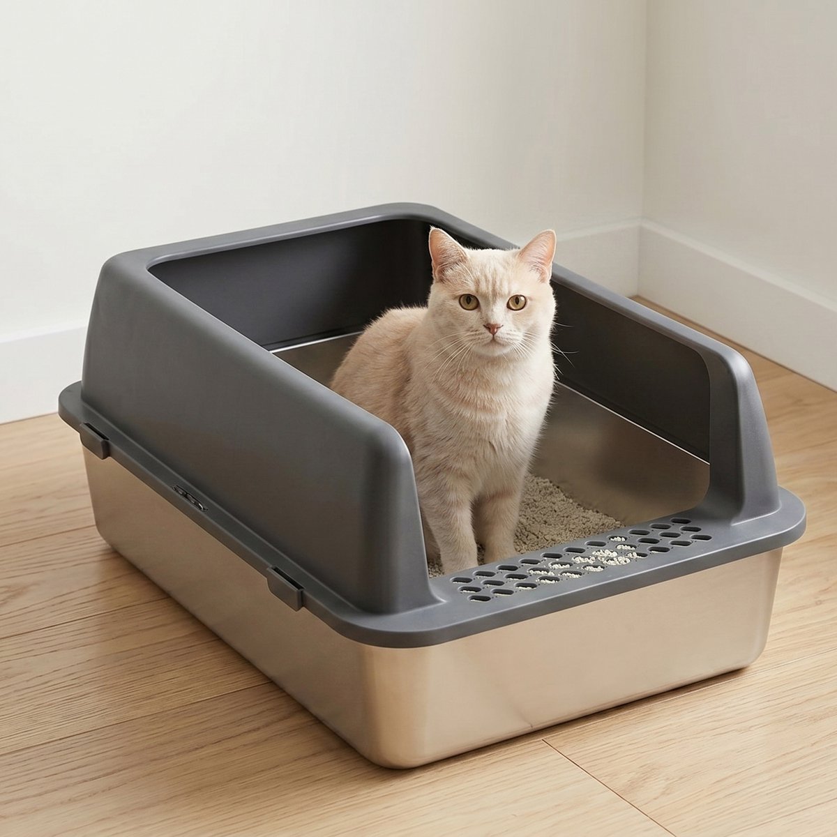 Miniatuur van productfoto 4 van DAITORE Kattenbak RVS - XXL - 58 × 37 × 26cm - Open Kattentoilet met hoge rand - Incl. Kattenbakschep -Geurvrij & Lekvrij - Gemakkelijk schoon te maken - Voor Grote én Kleine Katten - Donkergrijs