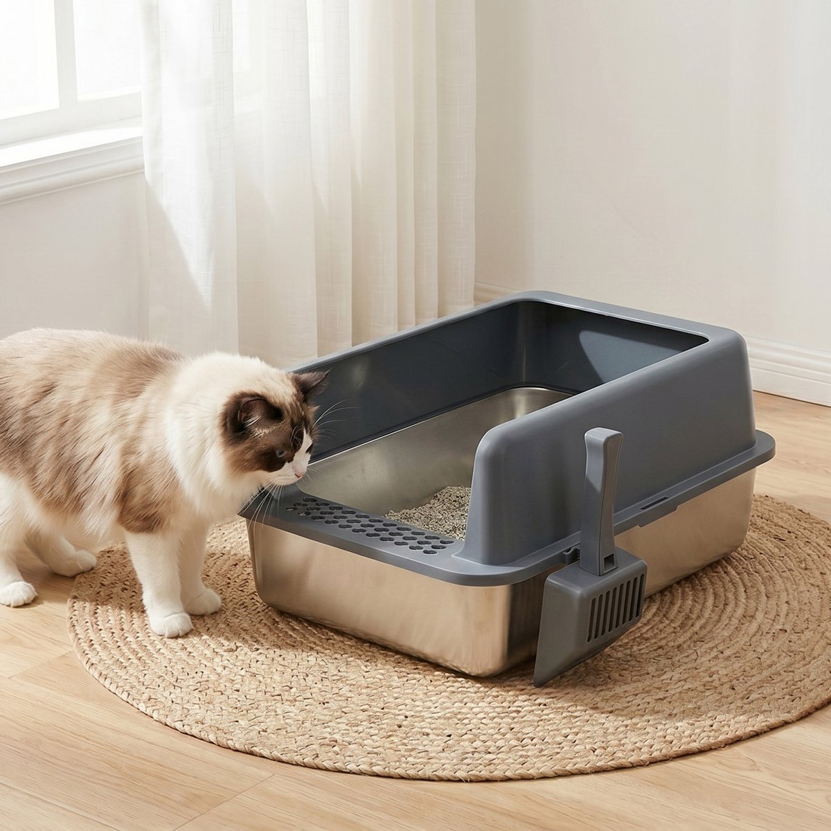 Miniatuur van productfoto 5 van DAITORE Kattenbak RVS - XXL - 58 × 37 × 26cm - Open Kattentoilet met hoge rand - Incl. Kattenbakschep -Geurvrij & Lekvrij - Gemakkelijk schoon te maken - Voor Grote én Kleine Katten - Donkergrijs