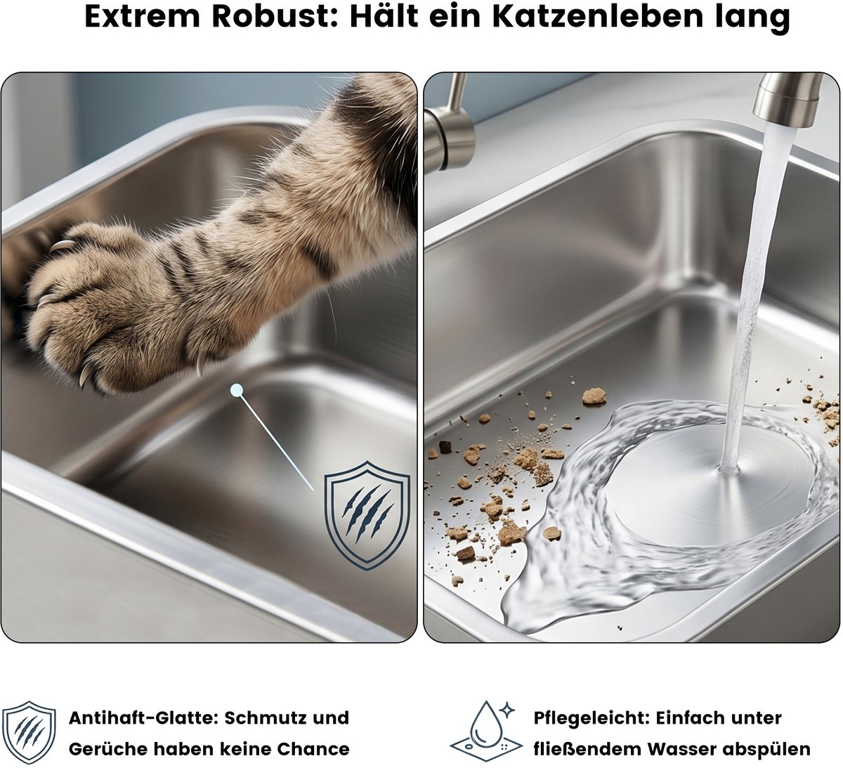 Miniatuur van productfoto 2 van DAITORE - Kattenbak RVS - Groot - 44.5x34.5x14.5 cm - Open Kattentoilet - Met 4 siliconen Anti-slip- Makkelijk Schoon te Maken - Hygiënisch - Anti-geur - XXL - Zilver