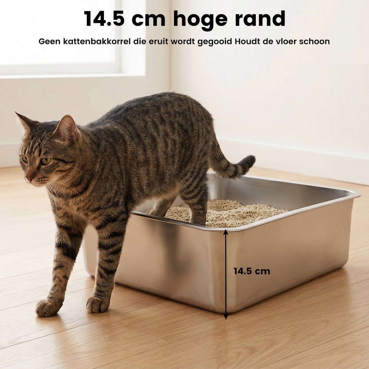 Miniatuur van productfoto 3 van DAITORE - Kattenbak RVS - Groot - 44.5x34.5x14.5 cm - Open Kattentoilet - Met 4 siliconen Anti-slip- Makkelijk Schoon te Maken - Hygiënisch - Anti-geur - XXL - Zilver