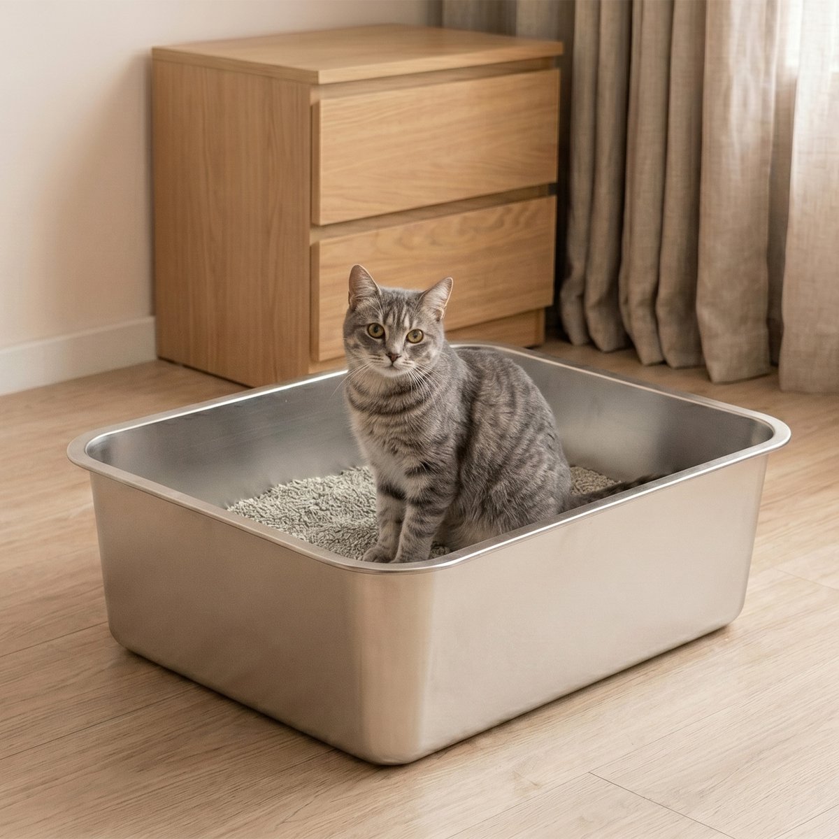 Miniatuur van productfoto 5 van DAITORE - Kattenbak RVS - Groot - 44.5x34.5x14.5 cm - Open Kattentoilet - Met 4 siliconen Anti-slip- Makkelijk Schoon te Maken - Hygiënisch - Anti-geur - XXL - Zilver