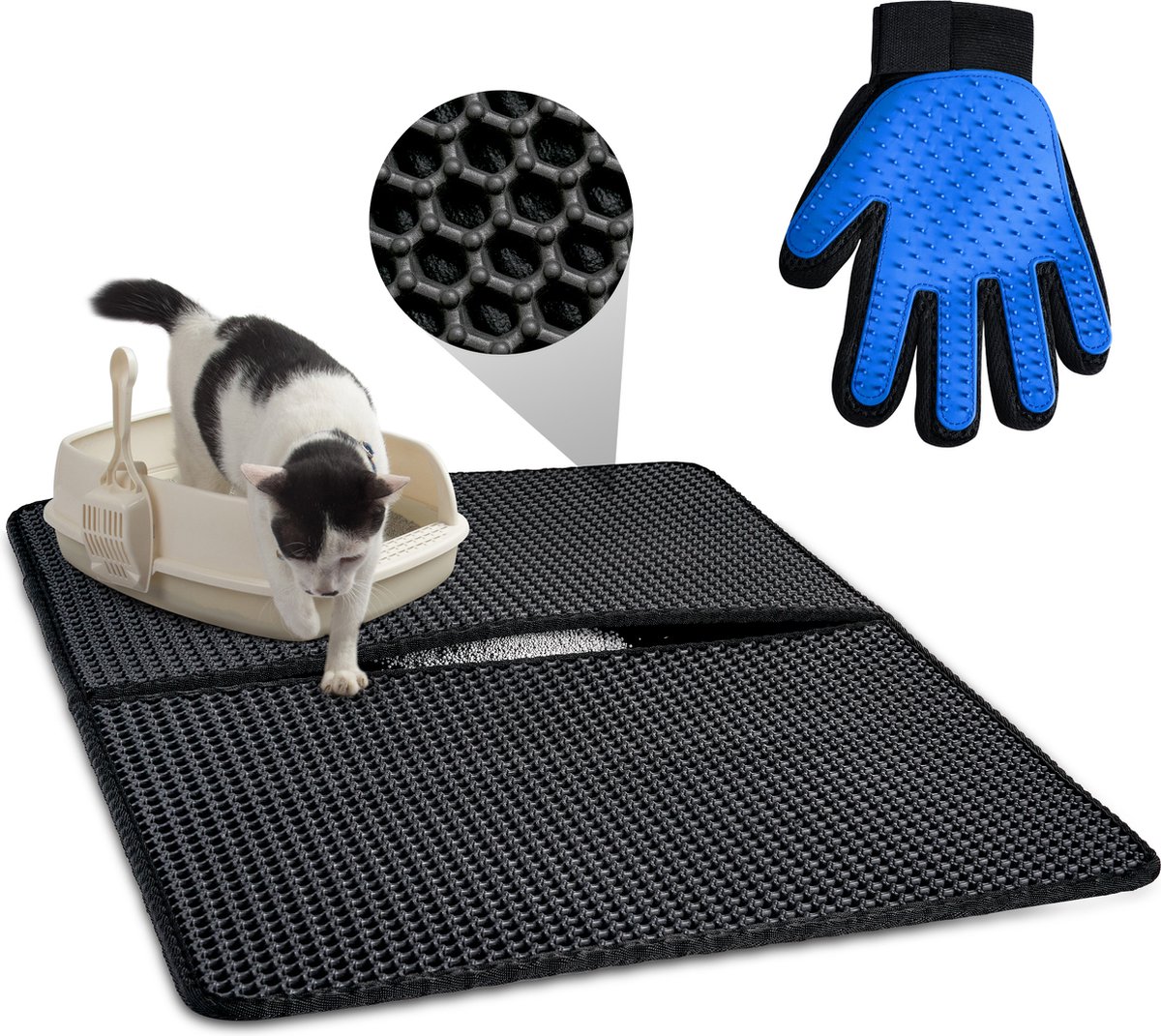 Miniatuur van productfoto 6 van Tastelio XXL Kattenbakmat - Honingraatstructuur - Grit Opvanger - Waterdicht - 75 x 55 cm - Zwart