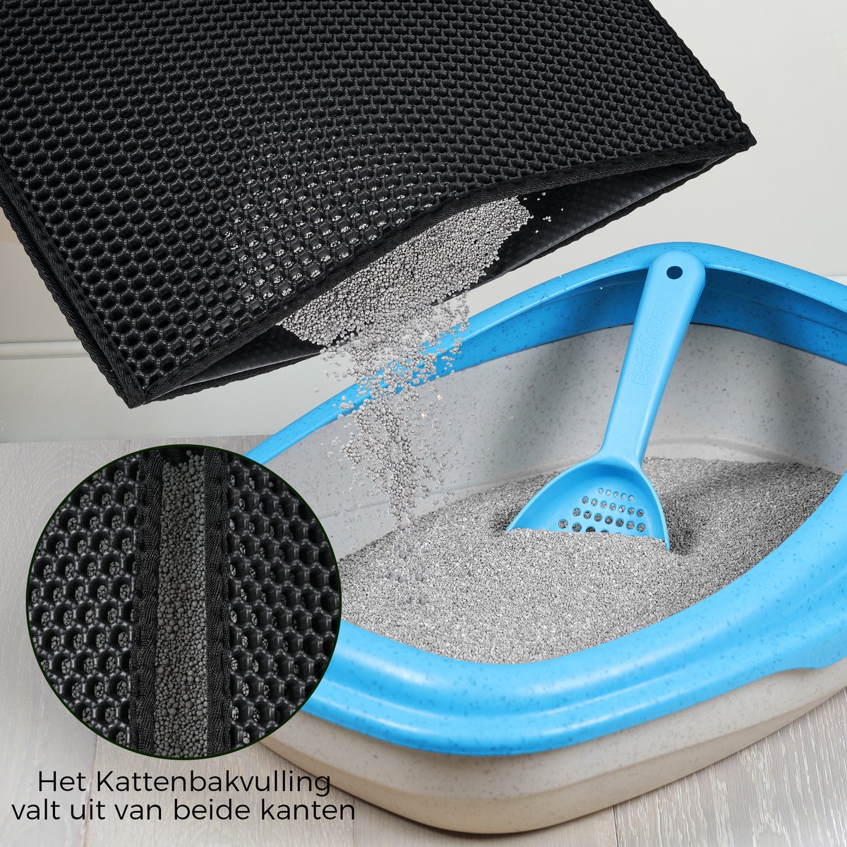 Miniatuur van productfoto 8 van Tastelio XXL Kattenbakmat - Honingraatstructuur - Grit Opvanger - Waterdicht - 75 x 55 cm - Zwart