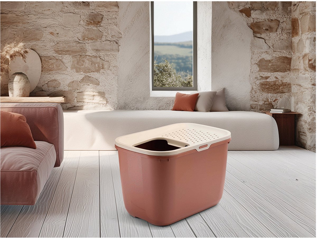 Miniatuur van productfoto 3 van Savic Hop In - Kattenbak - Instap Boven - Toscaans Rood/Champagne - 58,5 x 39 x 39,5 cm