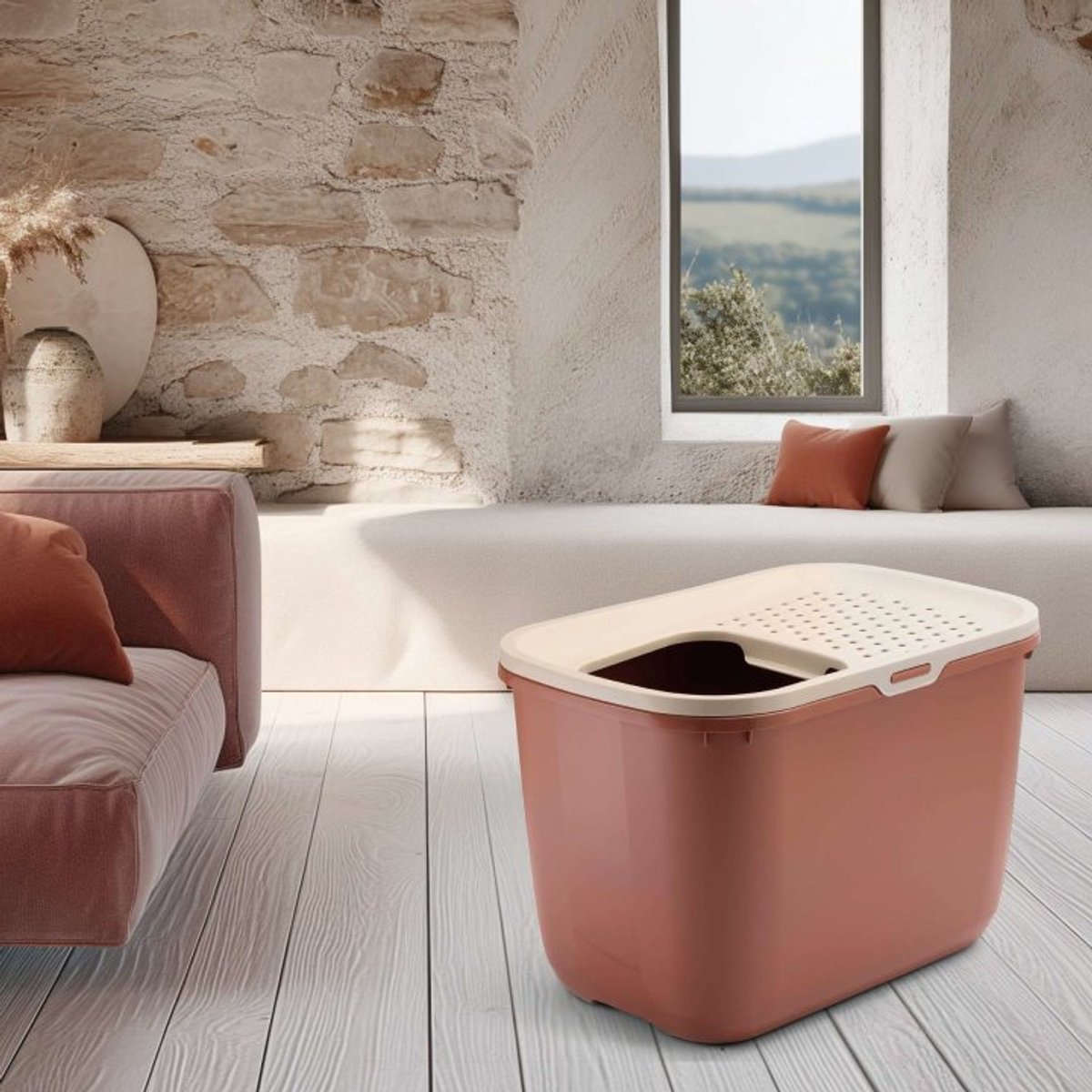 Miniatuur van productfoto 4 van Savic Hop In - Kattenbak - Instap Boven - Toscaans Rood/Champagne - 58,5 x 39 x 39,5 cm